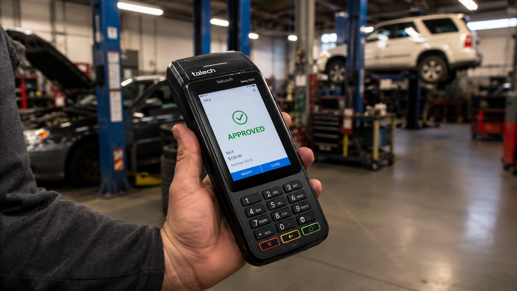 Payment terminal at an auto repair shop service counter