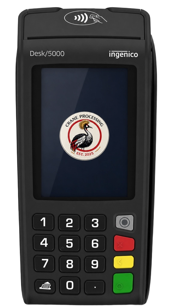 Ingenico Desk 5000 countertop terminal branded with the Crane Processing logo