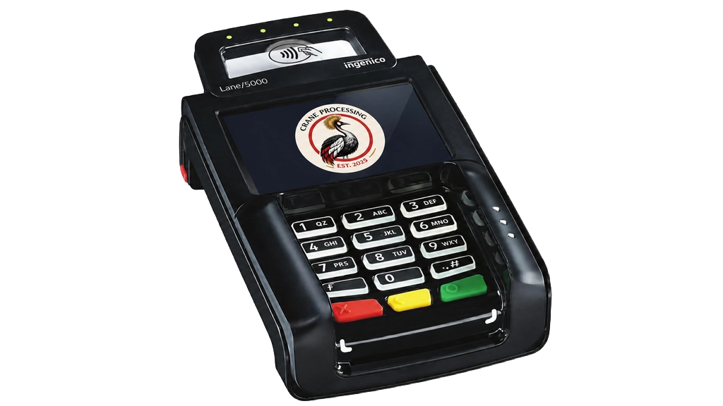 Ingenico Lane 5000 lane checkout terminal branded with the Crane Processing logo