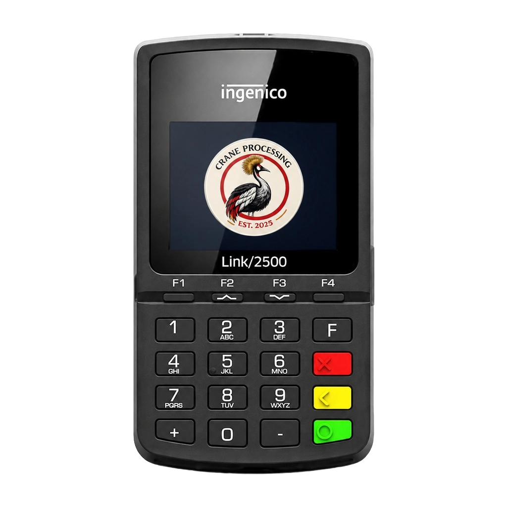 Link 2500 mobile card reader branded with the Crane Processing logo