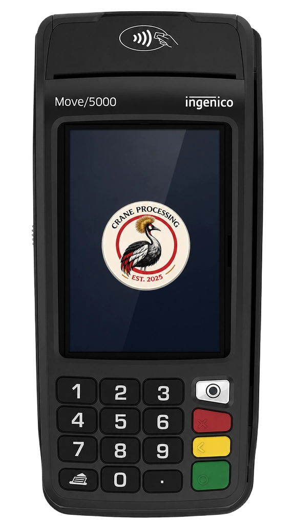 Ingenico Move 5000 handheld tip-enabled terminal branded with the Crane Processing logo