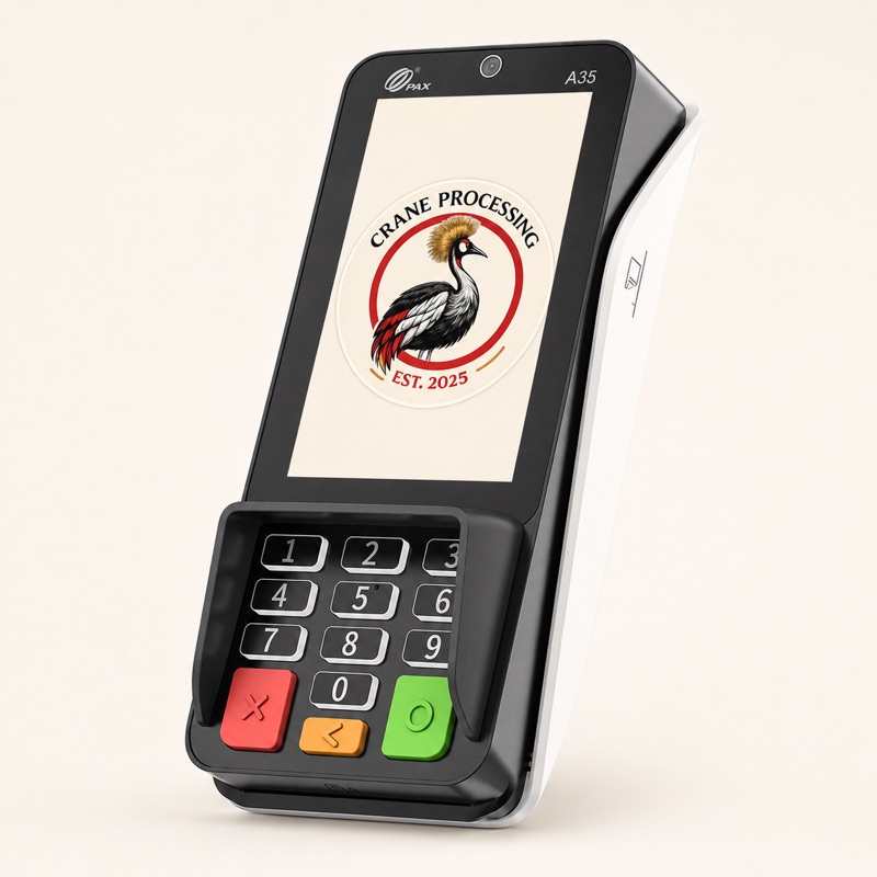 PAX A35 payment terminal shown with Crane Processing branding
