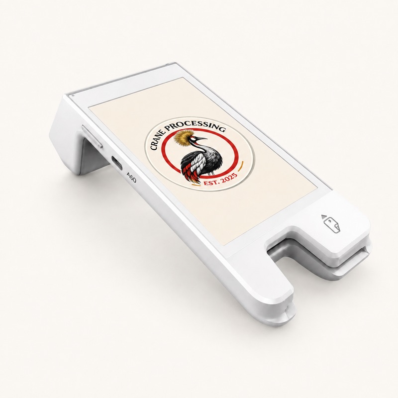 PAX A60 payment terminal shown with Crane Processing branding