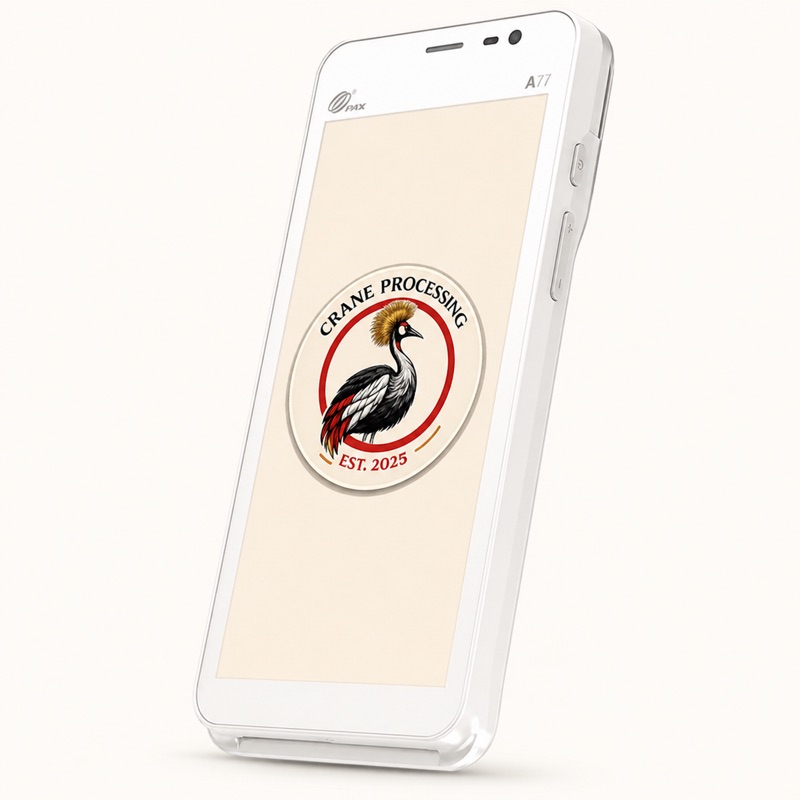 PAX A77 payment terminal shown with Crane Processing branding