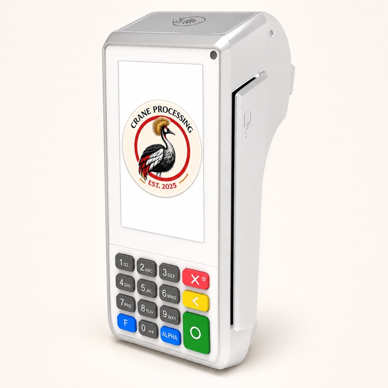 PAX A80 countertop payment terminal shown with Crane Processing branding