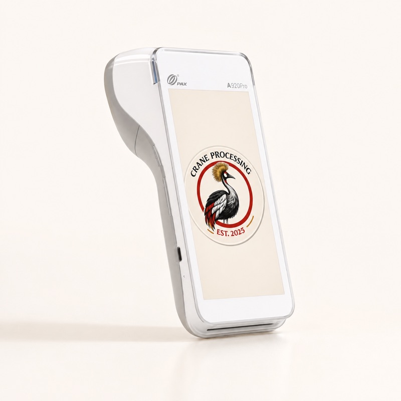 PAX A920 Pro payment terminal shown with Crane Processing branding