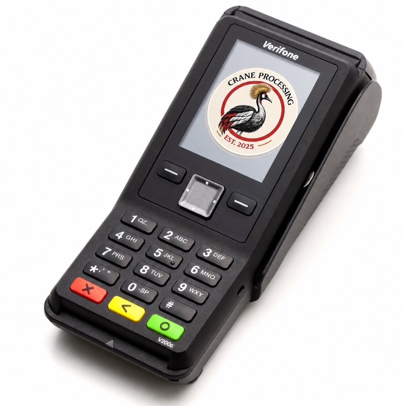 Verifone V200C countertop payment terminal shown with Crane Processing branding