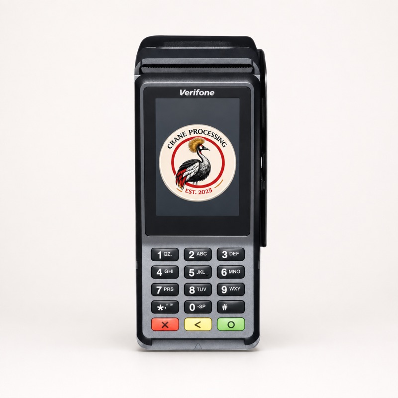 Verifone V400C Plus countertop payment terminal shown with Crane Processing branding