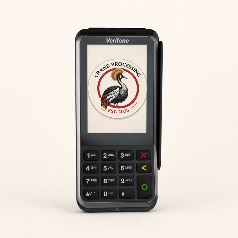 Verifone V400M portable payment terminal shown with Crane Processing branding