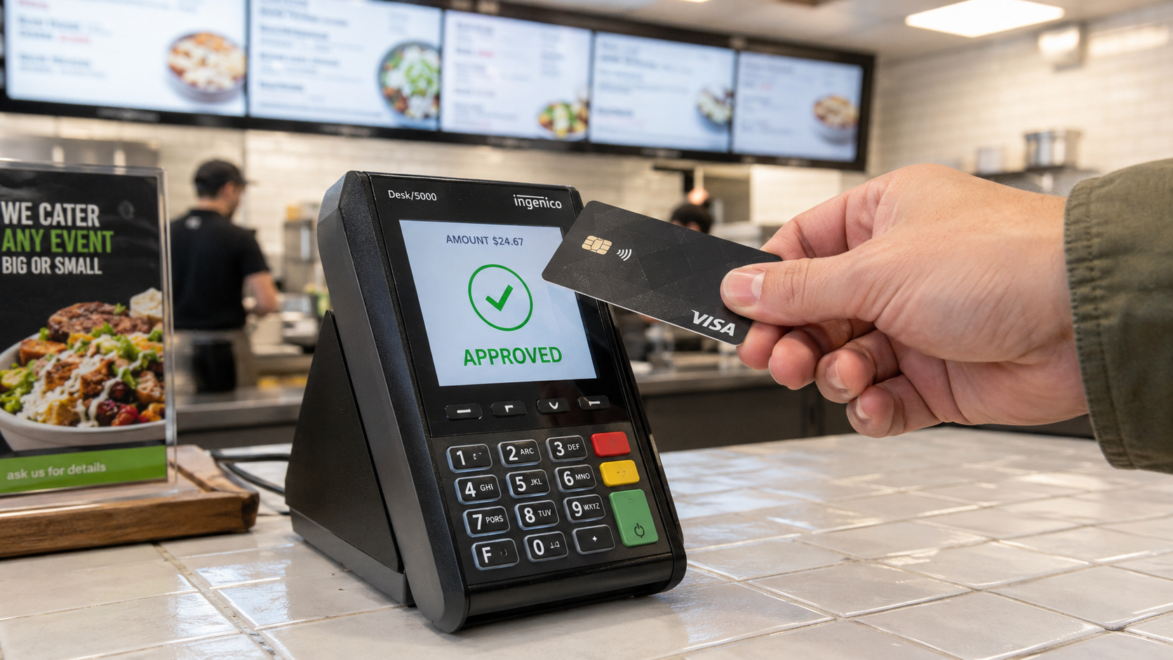 Ingenico Desk 5000 terminal at a fast casual restaurant counter