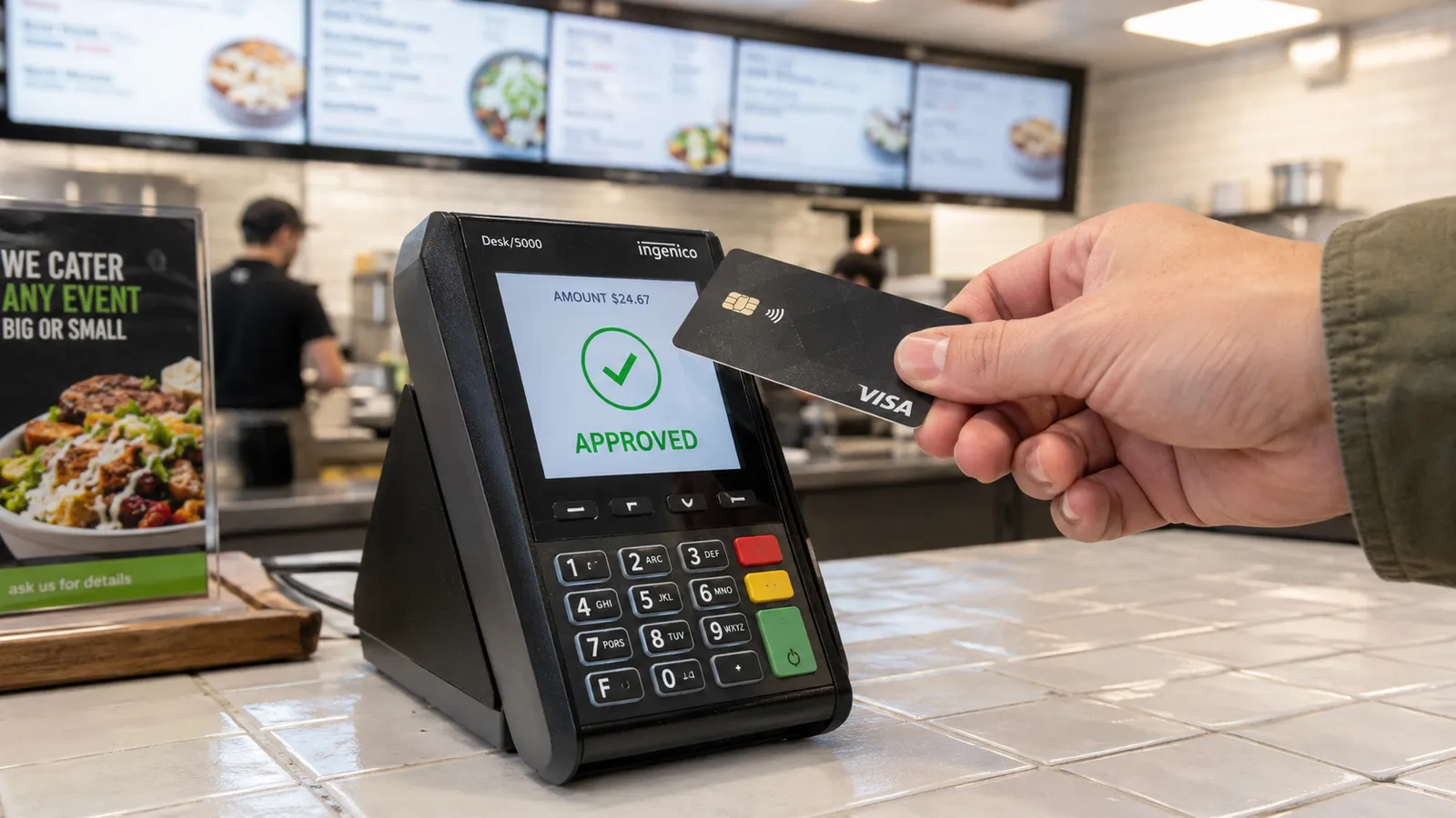 Ingenico Desk 5000 terminal at a fast casual restaurant counter