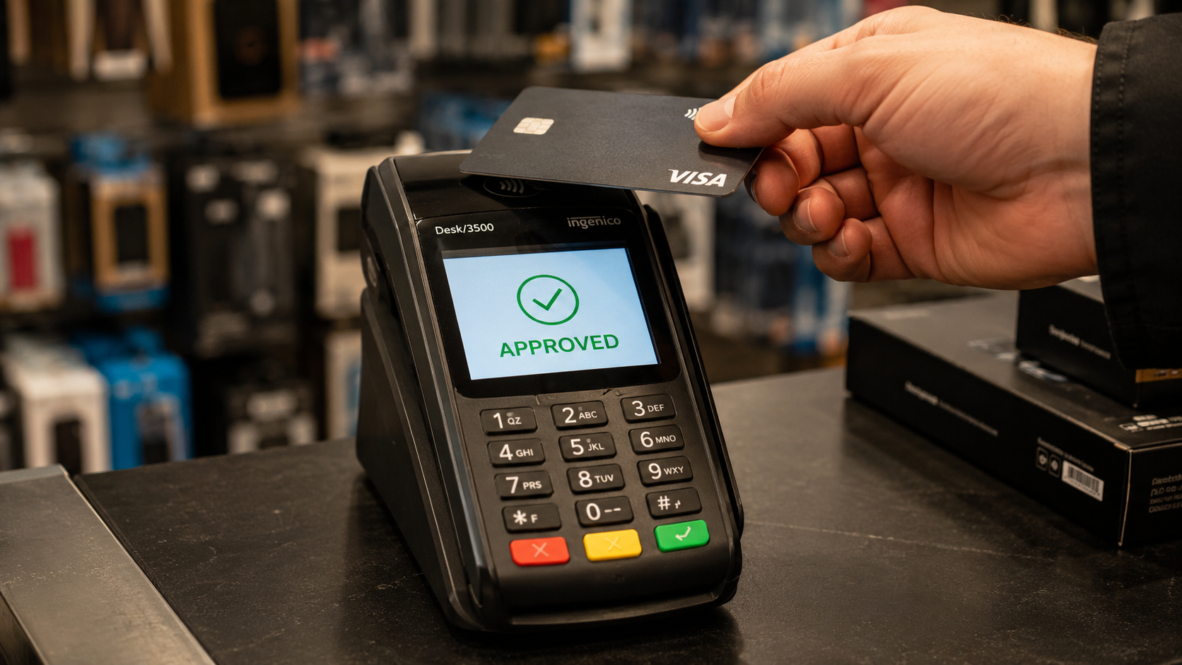 Ingenico Desk 3500 terminal at a retail checkout counter