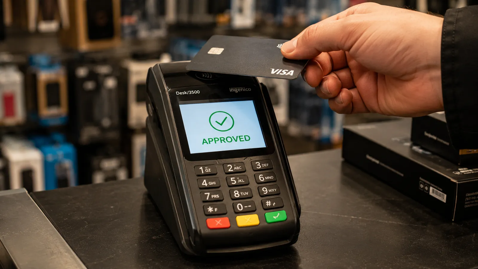 Ingenico Desk 3500 terminal at a retail checkout counter