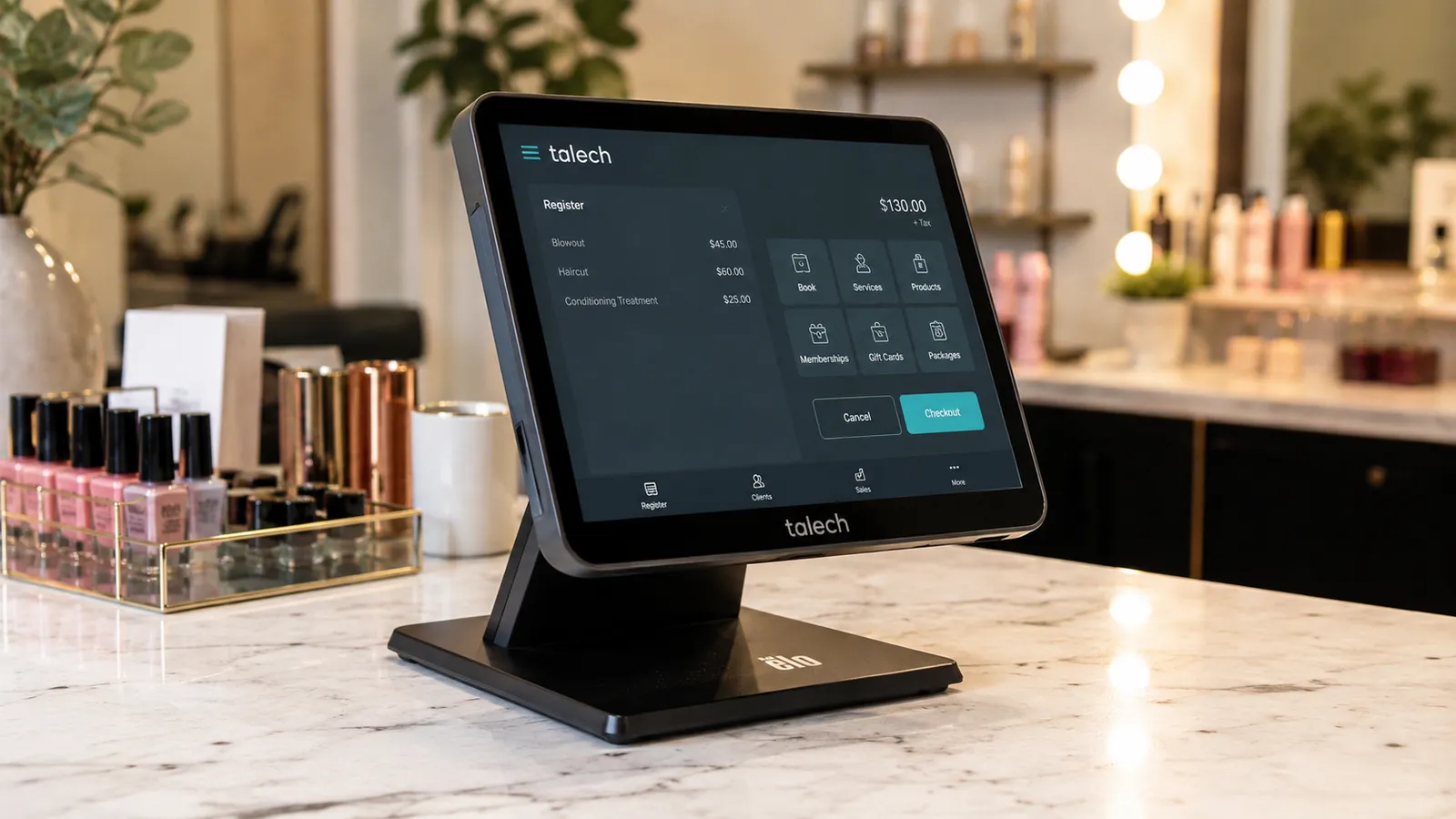 Elavon POS (talech) at a salon reception desk